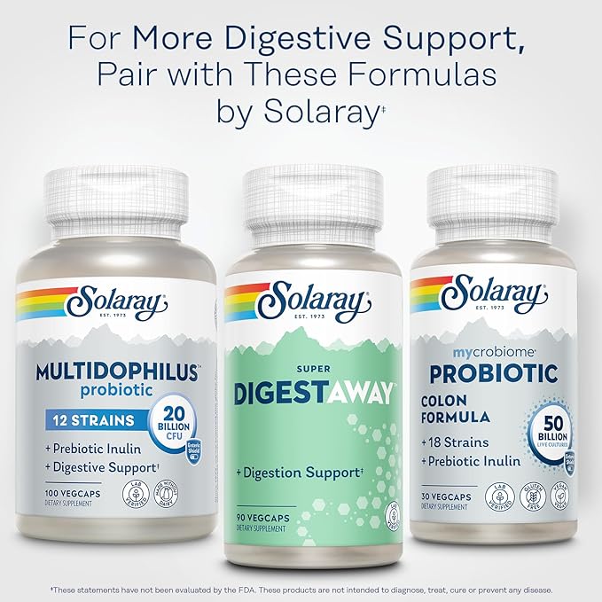 SOLARAY Super Digestaway Digestive Enzymes - Pancreatin, Papain, Ginger, Pepsin, Betaine HCl, Aloe Vera, and More - Digestion & Nutrient Absorption Support - Lab Verified - 90 VegCaps