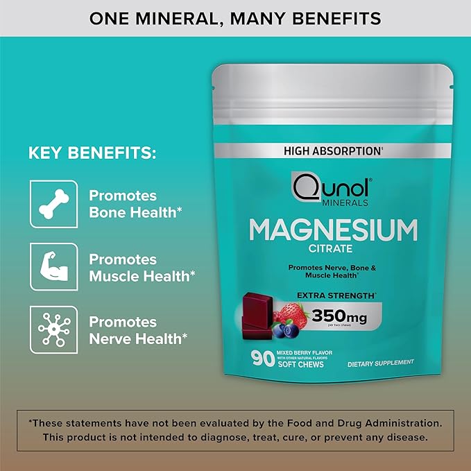 Qunol Magnesium Citrate Soft Chews, 350mg Extra Strength Magnesium Supplement, High Absorption to Support Nerve, Bone and Muscle Health, 90 Count