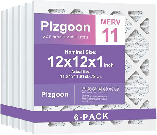 12x12x1 AC Furnace Air Filter MERV 11 MPR 1000 (6 Pack) Pleated HVAC Furnace Air Conditioner Filters (Exact Dimensions: 11.81"L x 11.81"W x 0.79"Th)