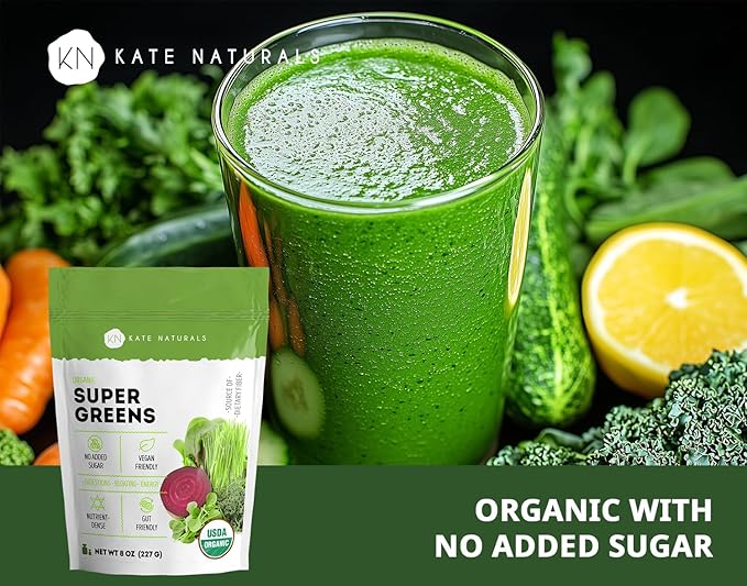 Kate Naturals Organic Super Greens Powder. Daily Greens Superfood Blend with Probiotics & Fiber for Smoothies and Juice (30 Servings, 8oz, Natural)