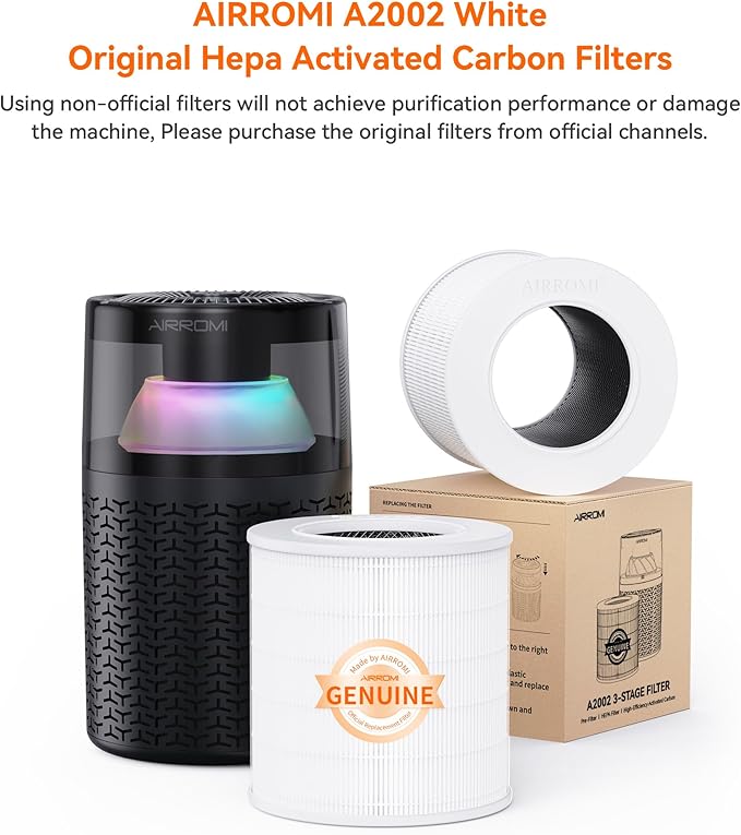 AIRROMI A2002 HEPA Air Purifier Replacement Filter, 3-In-1 Original Filter, Remove 99.97% of 0.3 Micron Particle 2 Pack White Activated Carbon