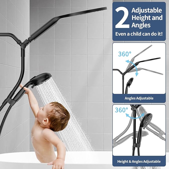 KAIYING Dual Shower Heads with Handheld Spray Combo, High Pressure Modern Rain Shower Head with 9-Mode Handheld Showerhead, Double Rainfall Shower Head with 79-Inch Stainless Steel Hose (Matte Black)