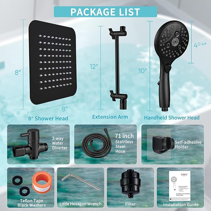 8'' Dual 20 Stage Filtered Shower Head with Handheld, 6 Spray Settings Handheld Shower Head High Pressure Rainfall Filter Combo with 12'' Adjustable Extension Arm, 71'' Shower Hose (Matte Black)