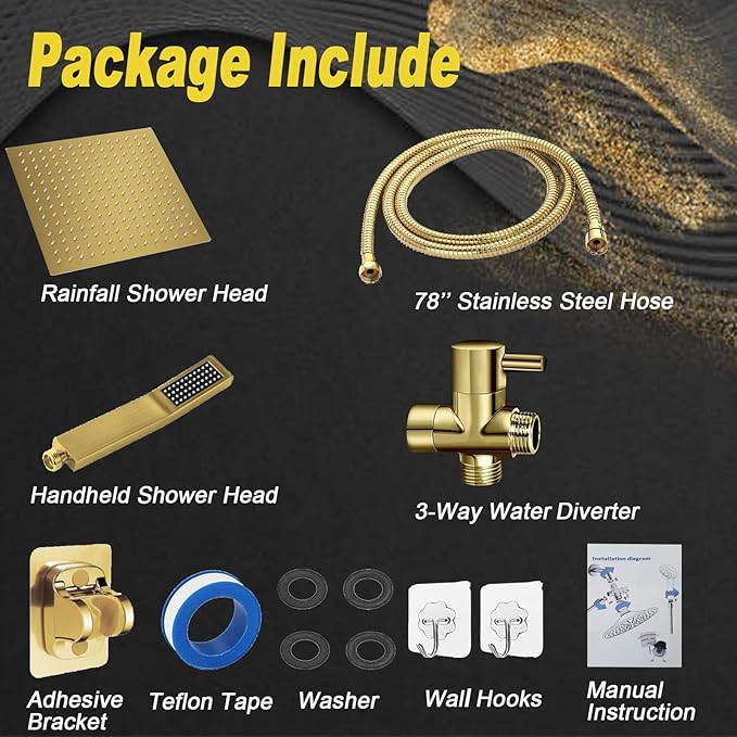 High Pressure Square Rain Gold Shower Head and Handle Shower Set.Equipped with 78" Stainless Steel Shower Hose, 3 Way Diverter Valve, Adhesive Shower Head Holder (Rainfall Shower Head Set AWAXFOLO)