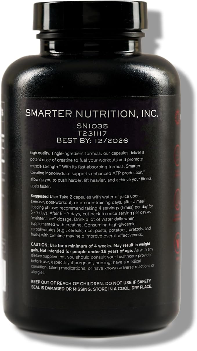 SMARTERNUTRITION Creatine Monohydrate Pills with 2500mg (2.5g) Per Serving, Vegan Capsules - Pre & Post Workout Recovery Support, Promotes Muscle Mass &. Endurance - 120 Count[60-Day Supply]
