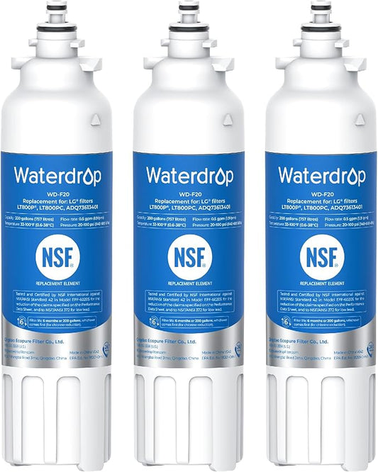Waterdrop ADQ73613401 Replacement for LG® LT800P®, ADQ73613402, ADQ73613408, ADQ75795104, Kenmore 9490, LSXS26326S, LMXC23746S, LSXS26366S, Refrigerator Water Filter, WD-F20, 3 Pack (Package May Vary)