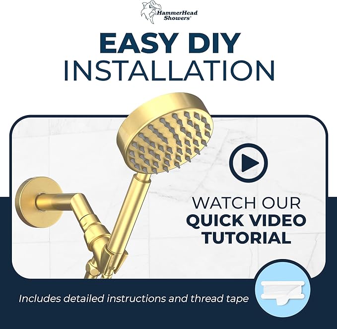 HammerHead Showers® Solid Metal LOW FLOW Handheld Shower Head with Hose and Brass Holder - BRUSHED GOLD – Water Saving 1.75 GPM Detachable Shower Head - Adjustable Shower Wand Bracket & 6ft Hose