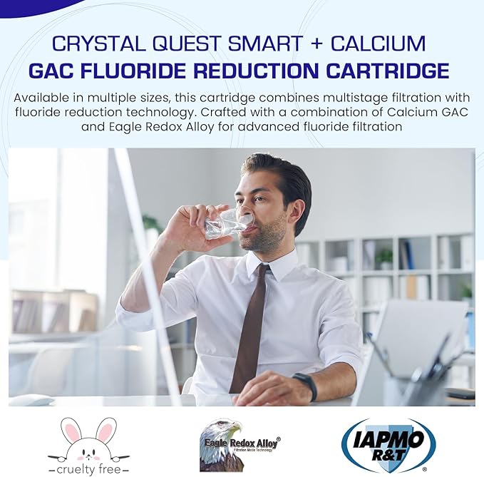 Crystal Quest Smart + Calcium GAC Fluoride Reduction Water Filter Cartridge - 1 Micron - Coconut Shell GAC - Eagle Redox Alloy - Reduces Fluoride & Contaminants - 4-5/8" x 20"
