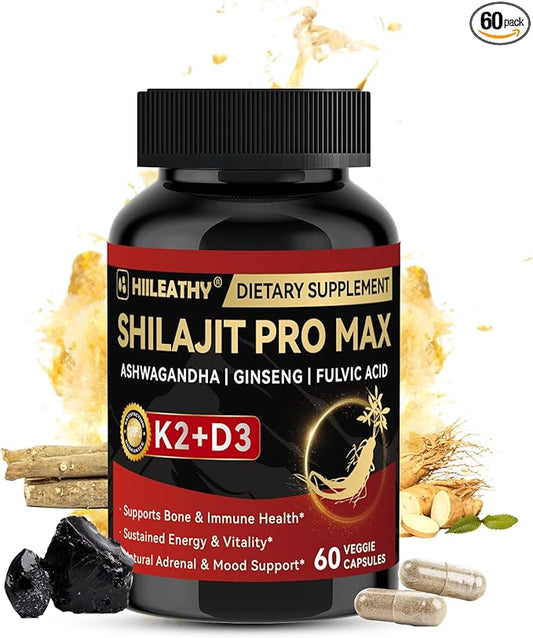 Shilajit for Men Women, Shilajit w/Vitamin D3 K2, Shilajits for Men w/Fulvic Acid Ashwagandha Ginseng Root, Shilajits for Extra Power Stamina Immune Support, Non-GMO Made in US 60 Capsules