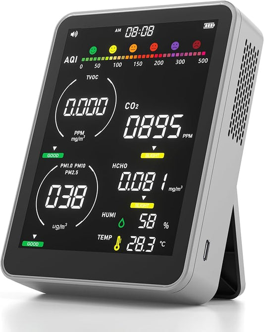 16 in 1 Air Quality Monitor Indoor-Portable Indoor Air Quality Meter with 7AQI Beep Alarm,for CO2,HCHO,TVOC,PM2.5, PM1.0,PM10,AQI,Temperature,Humidity & Time Display (Grey)