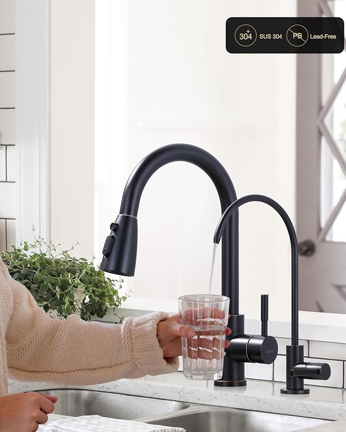 Kitchen Faucet and Water Filter Faucet Combo, WOWOW Stainless Steel Kitchen Sink Faucet with Drinking Water Faucet for Reverse Osmosis or Water Filtration System, Oil-Rubbed Bronze