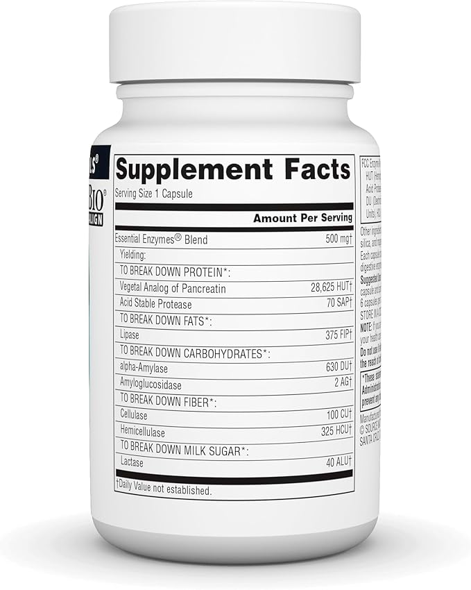 Source Naturals Essential Enzymes 500mg Bio-Aligned Multiple Enzyme Supplement Herbal Defense for Digestion, Gas, Constipation & Bloating Relief - Supports A Strong Immune System - 60 Capsules