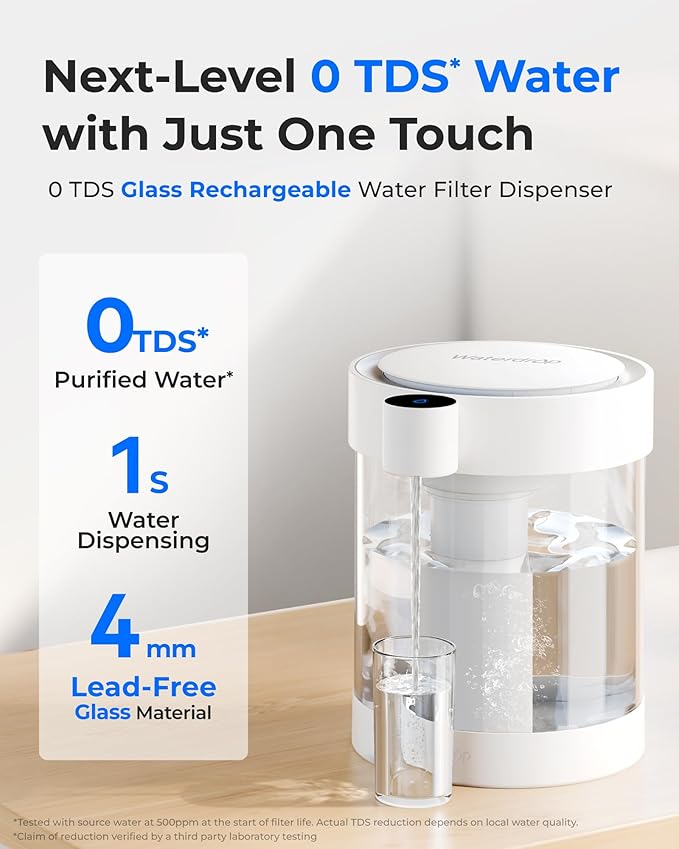 Waterdrop 0 TDS Glass Rechargeable Water Filter Dispenser, 4-Stage Zero TDS Electric Instant Pitcher, Reduce Chlorine, Lead, Copper, Large 22-Cup Countertop Water Filtration System, with 1 Filter