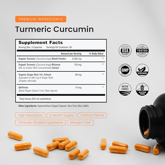 NutraChamps Turmeric Curcumin with Black Pepper Extract 1500mg, 95% Curcuminoids Extra Strength Turmeric Supplement for Joint Health, Brain, Heart & Immune Support, 180 Turmeric Capsules