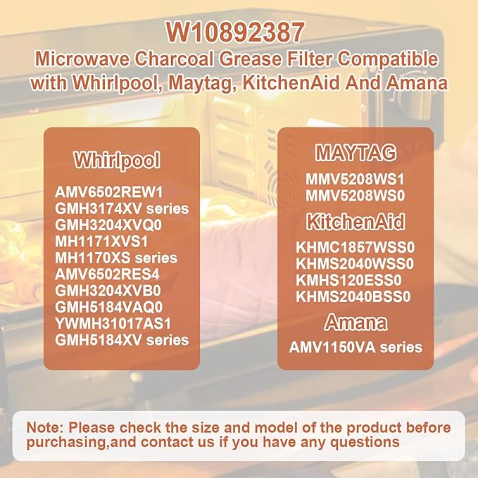 2 Pack W10892387 Microwave Charcoal Grease Filter for Whirlpool, Maytag, Amana Over-The-Range Microwave Charcoal Grease Filter Replaces 4455038, PS11769323, W10845250，AP6036051, 5.27 x 3.3 x 0.39"