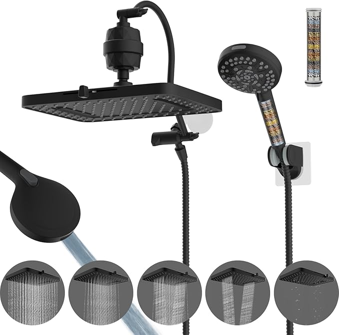 Hibbent Upgraded 5-spray 13'' Dual Filtered Rainfall Shower Head Combo, High Pressure 10-setting Handheld Shower Head with 12'' Adjustable Extension Arm, 20 Stage Shower Filter, 71'' Hose, Matte Black