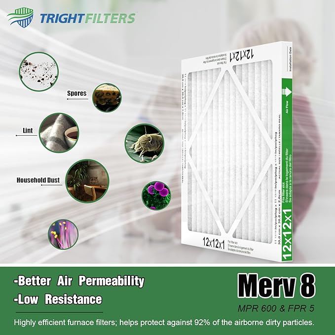 12x12x1 Air Filter 6 Pack, Durable MERV 8 Pleated Home HVAC AC Furnace Filters, Lightweight Compact Air Conditioner Filter Replacement