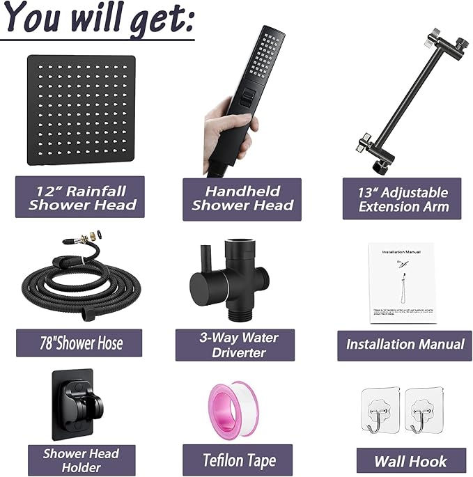 12" High Pressure Square Rain Shower Head and 2-in-1 Hand Shower, Rainfall Showerhead with 13" Shower Arm, Equipped with 78" Hose, Adhesive Shower Head Holder (Square Shower Head Set Black)