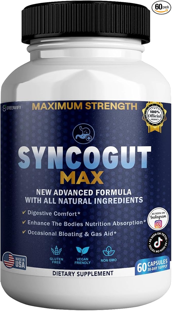 SyncoGut Max Digestive Enzyme Supplement, 60 Veggie Capsules, Natural Formula with Probiotics and Enzymes for Digestive Support (1)