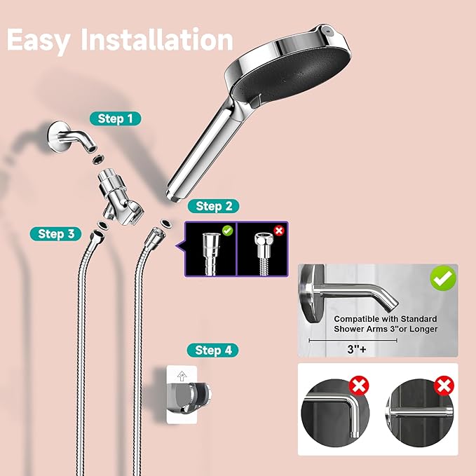 6“ Filtered Shower Head with Handheld, 6-Spray High Pressure Shower Head with Filter for Hard Water, Detachable Handheld Showerhead with Hose and Shower Arm Bracket, Chrome-Black