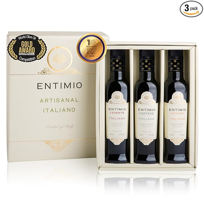 Entimio Collection +600 to +900 mg/kg Organic Extra Virgin Olive Oil Set, New 2024-2025 Early Harvest Italian Olive Oil from Italy, 2025 Gold Winner, Cold Extracted, Lab Tested - 25.5 (3 x 8.5) fl oz