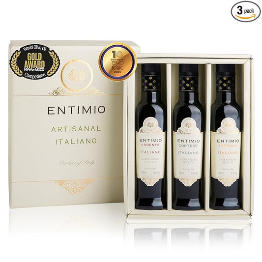 Entimio Collection +600 to +900 mg/kg Organic Extra Virgin Olive Oil Set, New 2024-2025 Early Harvest Italian Olive Oil from Italy, 2025 Gold Winner, Cold Extracted, Lab Tested - 25.5 (3 x 8.5) fl oz