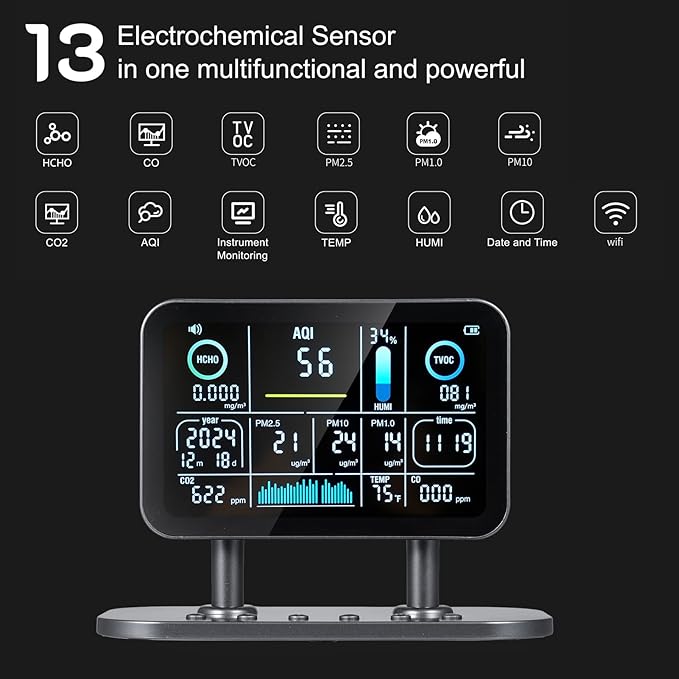 13 in 1 Professional Indoor Air Quality Monitor,Smart Air Quality Monitor WiFi,Formaldehyde Detector Tester,Date Time Display,for HCHO/CO/CO2/TVOC/AQ1/PM1.0/PM2.5/PM10