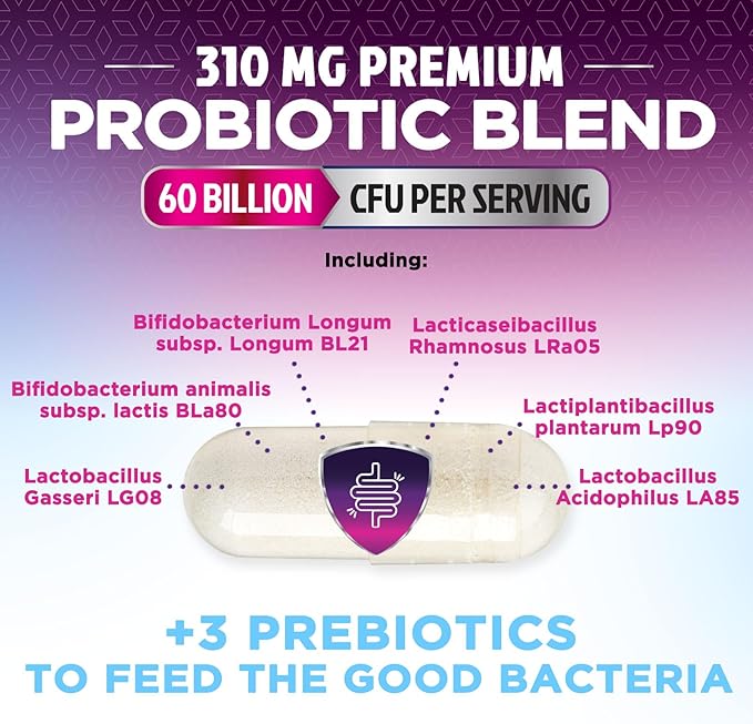 Probiotics 60 Billion CFU per Serving - 10 Strains + Prebiotics - Digestive Health, Gut & Immune Support - Supports Occasional Constipation, Gas & Bloating for Women & Men Shelf Stable - 60 Capsules