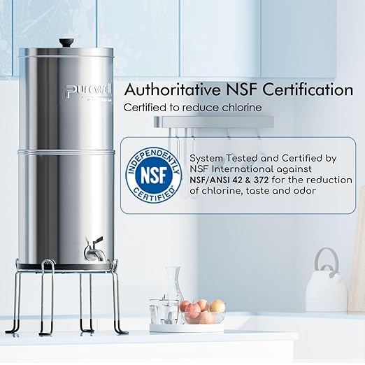 Purewell 3-Stage 0.01μm Ultra-Filtration Gravity Water Filter System, NSF/ANSI 42&372 Certification, 304 Stainless Steel Countertop System with 2 Filters and Stand, Reduce 99% Chlorine, 2.25G, PW-OB