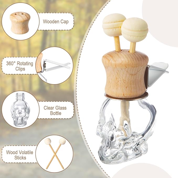 Zubebe 30 Pack Car Air Freshener Diffuser with Vent Clip Empty Car Diffuser Bottles for Essential Oil Perfume Glass Bottle with Wooden Caps Stick(Skull)