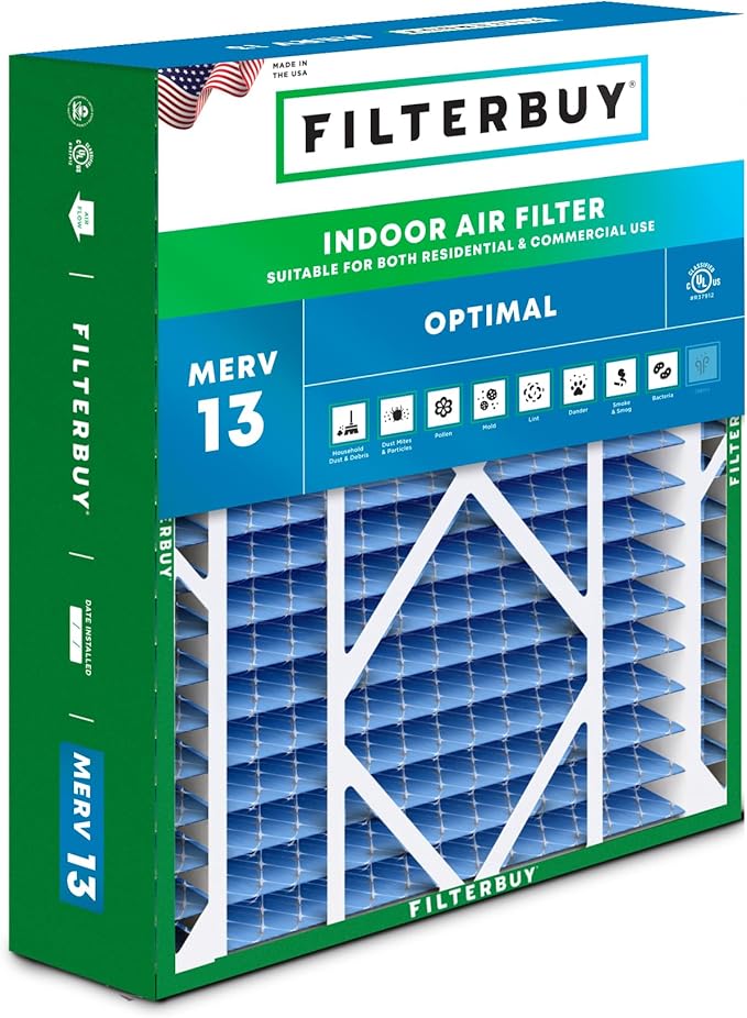 Filterbuy 24x25x5 Air Filter MERV 13 Optimal Defense (1-Pack), Pleated HVAC AC Furnace Air Filters Replacement for Carrier FILXXCAR0024, Maytag, and More (Actual Size: 23.63 x 24.69 x 4.25 Inches)