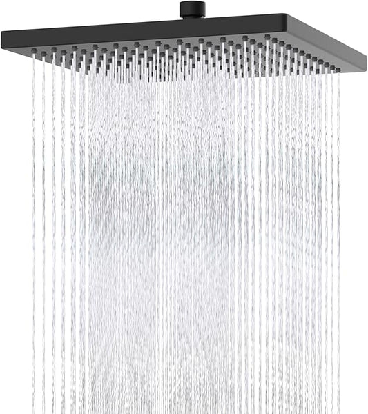 Hibbent Thickness Metal Rain Shower Head, 12 Inch High Pressure Shower Heads, Square Large Bathroom Rainfall Shower Head with Adjustable Brass Ball Joint, Waterfall Full Body Coverage, Matte Black