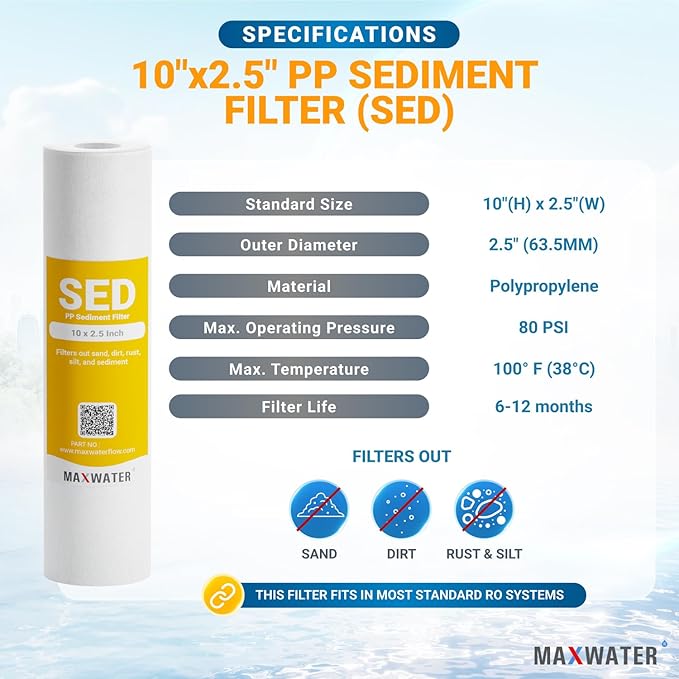 Max Water 5 Micron 10 x 2.5 Whole House Sediment Home Water Filter Cartridge Replacement for RO system Compatible with Well Water Filters - P5, AP110, WHKF-GD05, WFPFC5002, CFS10, 4 Pack
