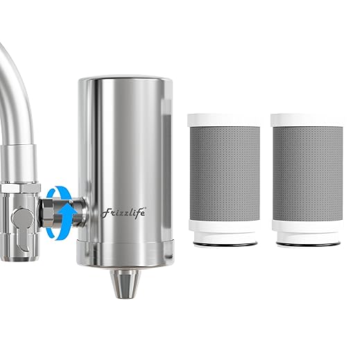 Frizzlife FS99 Water Filter for Sink Faucet, 2 Filters (1 pre-installed) Certified Reduce 99% Lead, Heavy Metal For Skin Care, 360° Rotating＆304 Stainless Steel Tap Water Purifier for Kitchen/Bathroom