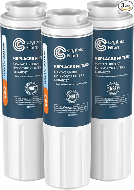 Crystala Filters UKF8001 Compatible with Everydrop Filter 4, EDR4RXD1, Whirlpool Refrigerator Water Filter 4, 4396395, Maytag UKF8001AXX, UKF8001AXX-750, 46-9006, Puriclean II, PH21500, Pack of 3