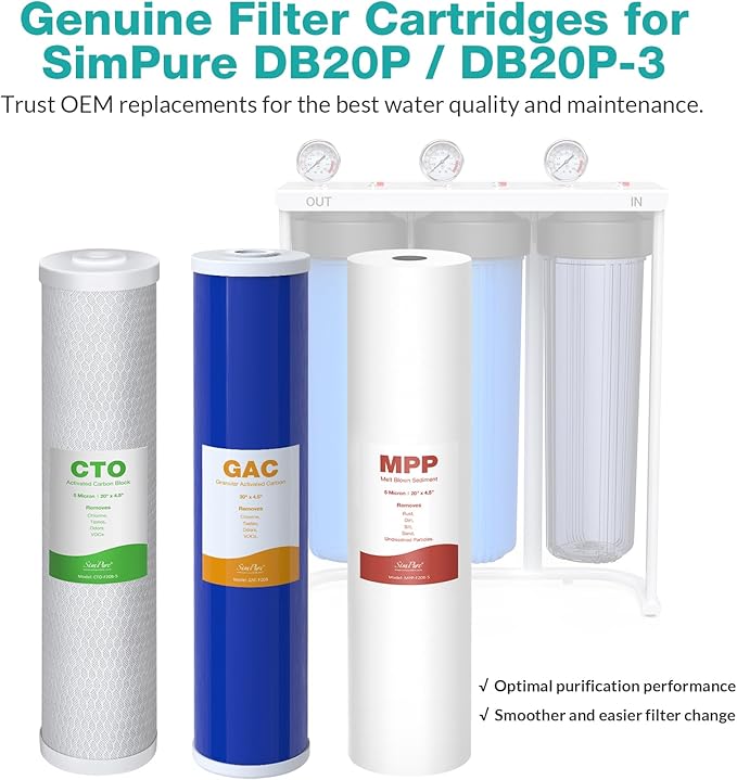 SimPure 3-Stage 20" x 4.5" Whole House Water Filter Cartridge Replacement, 5 Micron Sediment GAC CTO Carbon Filter for DB20P, DGD-5005-20, EP20-BB