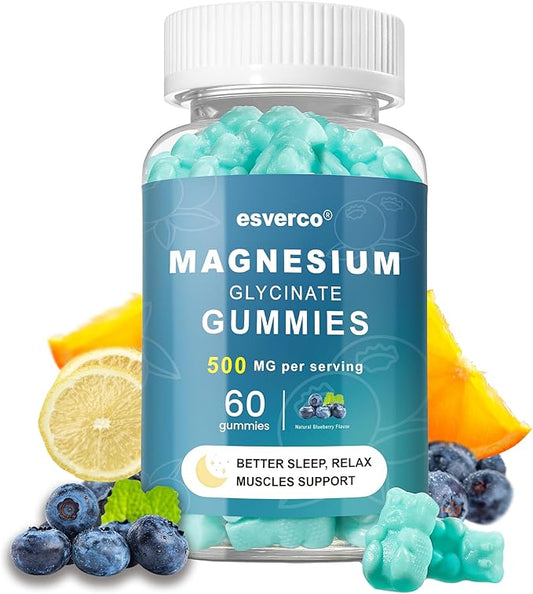 Magnesium Glycinate Gummies 500mg Sleep for Men & Women Vitamin C, Vegan Promotes Relaxation Muscle, Chewable Magnesium, No Melatonin, Non GMO, Natural Blueberry Flavor, 60 Count