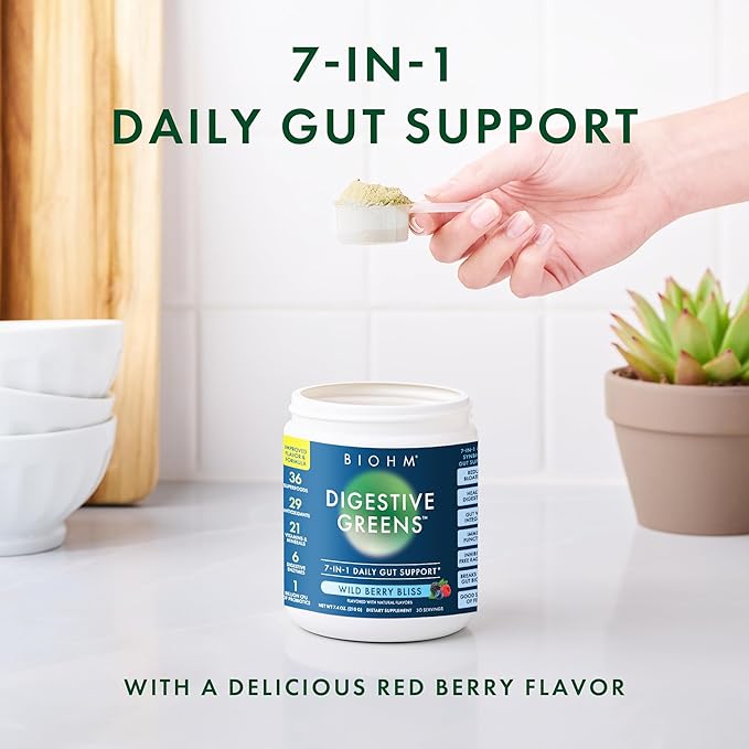 BIOHM Digestive Greens, Green Superfood Powder (7.4 Oz, 30 Servings) Immune & Gut Health Support with Antioxidants, Vitamins, Probiotics & Enzymes, Good Source of Fiber, Berry Flavor