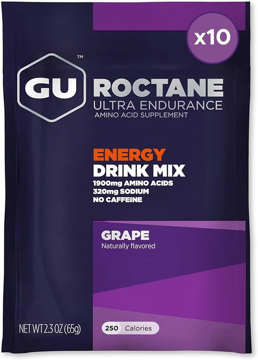 GU Energy Roctane Ultra Endurance Energy Drink Mix, Vegan, Gluten-Free, Kosher, Caffeine- Free, and Dairy-Free n-the-Go Energy for Any Workout, 10 Single-Serving Packets, Grape