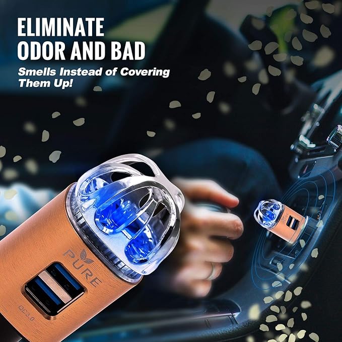 Car Air Purifier 3in1 Premium Stainless Steel Air Filter Ionizer w/Dual USB Quick Charge 3.0 USB-Eliminate Allergens Odor Smell, Smoke, Pets, Pollen Mold Bacteria w/Anti-Microbial Deodorizer (Bronze)