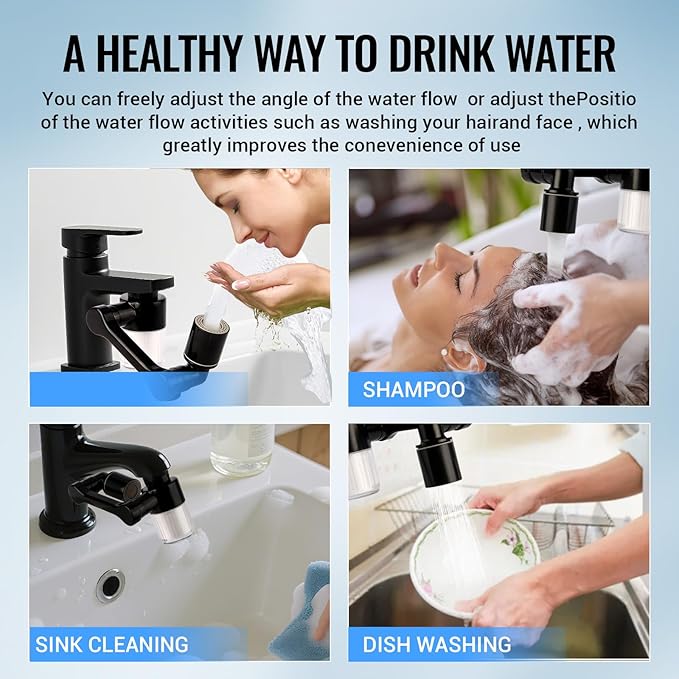 1080° Swivel Faucet-Extender Sink-Aerator - 2 Mode Splash Water Filter Extension, Kitchen Bathroom 360° Rotatable Spray Attachment, Multifunctional Universal Robotic Arm -Wash Hand/Hair/Face (Black)