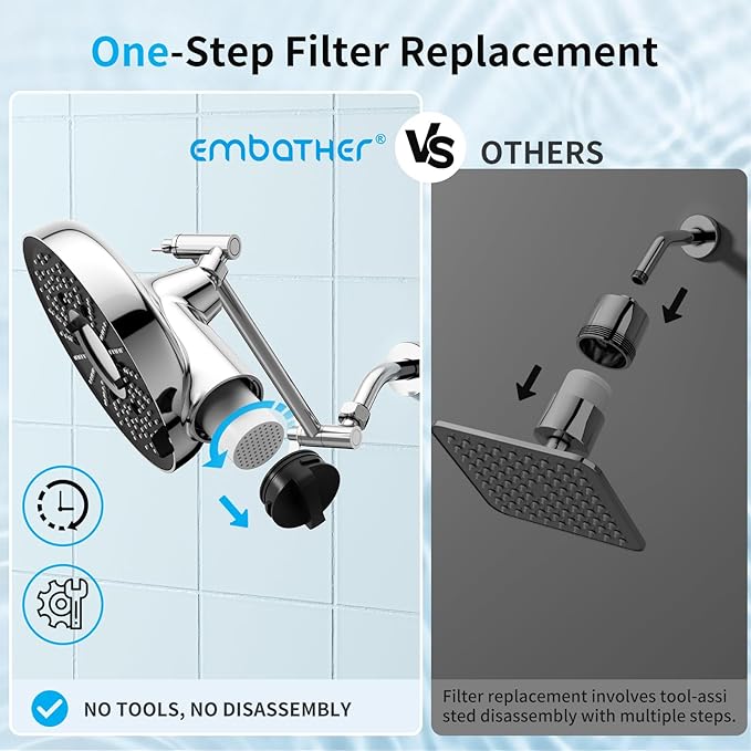 Filtered Shower Head with Extension Arm - EMBATHER 8 Inch High Output Showrhead with 3 Spray Settings, 18 Stage Filter for Hard Water, 11" Adjustable Arm, Brass Swivel Ball Jiont, Chrom