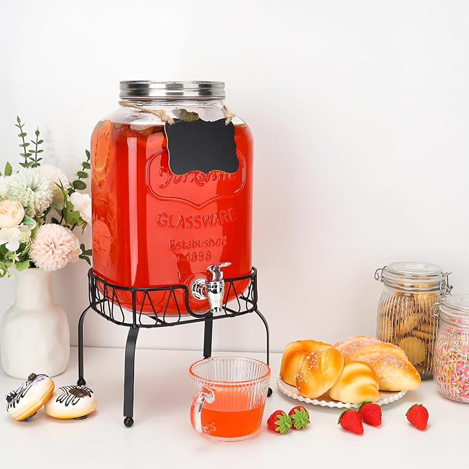 2 Gallon Glass Drink Dispensers, 1 Pack Clear Beverage Dispenser with Stand and Spigot for Parties, Drink Dispenser with Ice Core and Sticker for BBQ, Picnic, Lemonade Dispenser