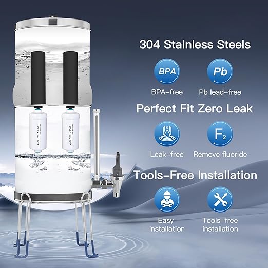 Gravity-Fed Water Filter System, NSF/ANSI 42&372 Standard, 2.25G Stainless-Steel Countertop System with 2 Black Elements, 2 Fluoride, Metal Water Level Spigot, Reduces Fluoride and Chlorine