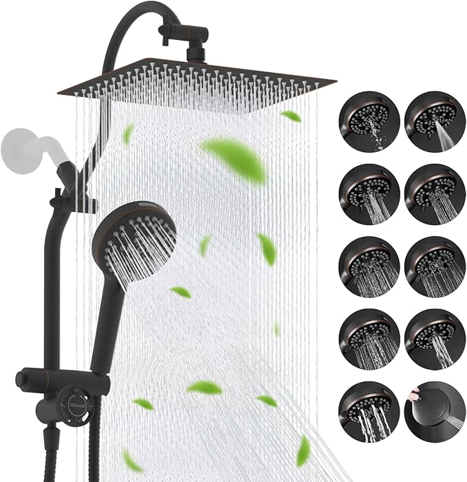 Hibbent Upgraded All Metal 12" Rainfall Showerhead Combo, High Pressure Shower Head with 10-Spray Mode Handheld, 4-way Diverter with Pause Mode, 71'' Shower Hose and Handheld Holder, Oil Rubbed Bronze
