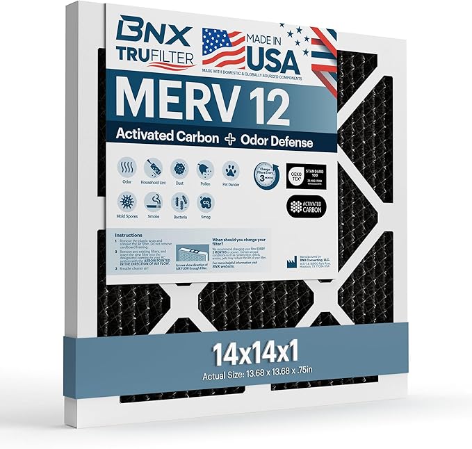 BNX TruFilter 14x14x1 MERV 12 Odor Defense (1-Pack) AC Furnace Air Filter with Activated Carbon - MADE IN USA - Pleated Air Conditioner HVAC AC Furnace Filters - Removes Odor, Mold, Bacteria, Smoke
