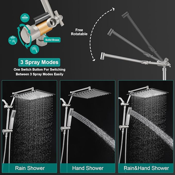 All Metal 10 Inch Rain Shower Head with Handheld Spray Combo, High Pressure Waterfall Rainfall Square Shower Heads with 16" Adjustable Extension Arm, Dual Showerhead with 3-Way Diverter,Brushed Nickel