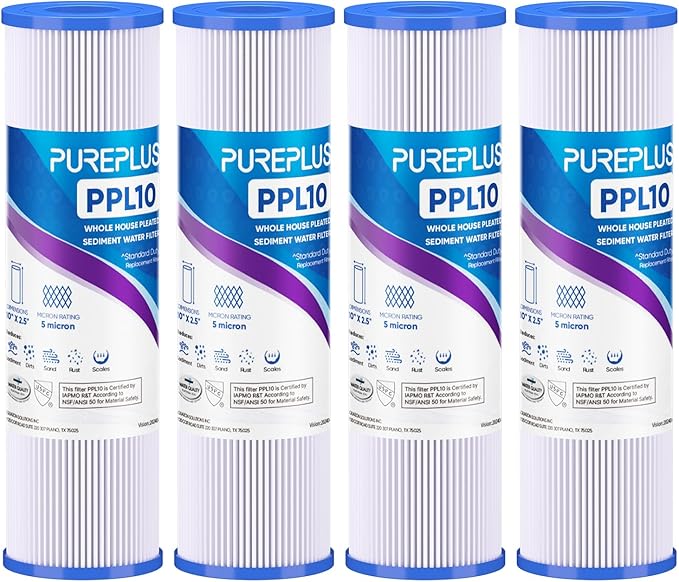 PUREPLUS 5 Micron 10"x2.5" Whole House Pleated Sediment Filter for Well Water, Replacement Cartridge for Universal 10 inch RO System, W50PE, WFPFC3002, SPC-25-1050, FM-50-975, 801-50, WB-50W, 4Pack