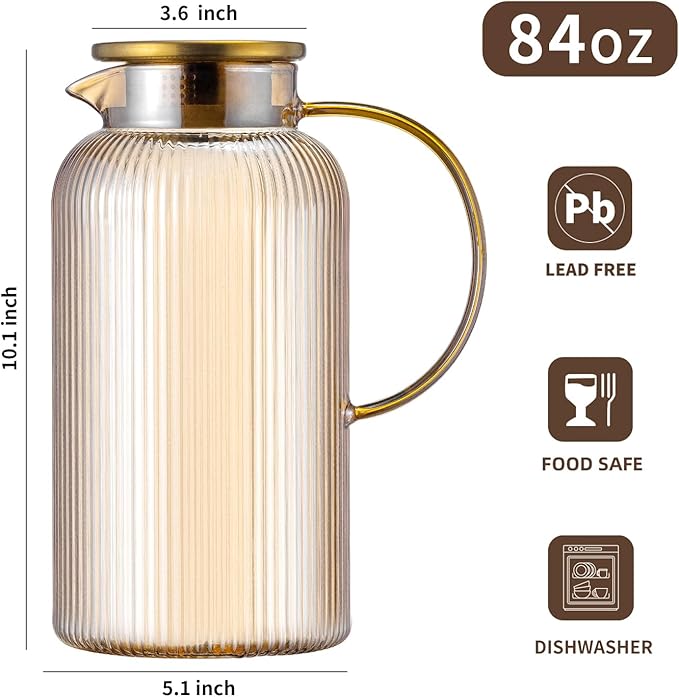 Glass Pitcher with Lid, 84oz/2.5 Liter Amber Classic Vertical Stripes Water Pitcher,Glass Water Carafe for Cold Brew, Coffee, Lemonade, Iced Sun Tea,Beverage, Milk, Heat Resistant