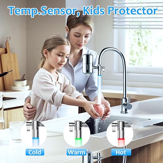 WINGSOL Stainless Steel Water Filter for Sink Faucet, NSF/ANSI 42&53, Temp. Sensor LED Light, 360° Rotating Tap Purifier Reduce PFAS, Lead, Chlorine & Microplastics, 350 Gallons Long-Lasting